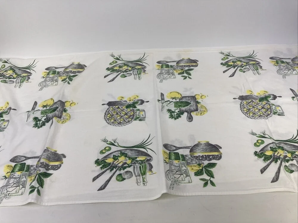 VTG Green & Yellow Food Printed 47.5” X 45.5” Mid Century 60s 70s Table Cloth